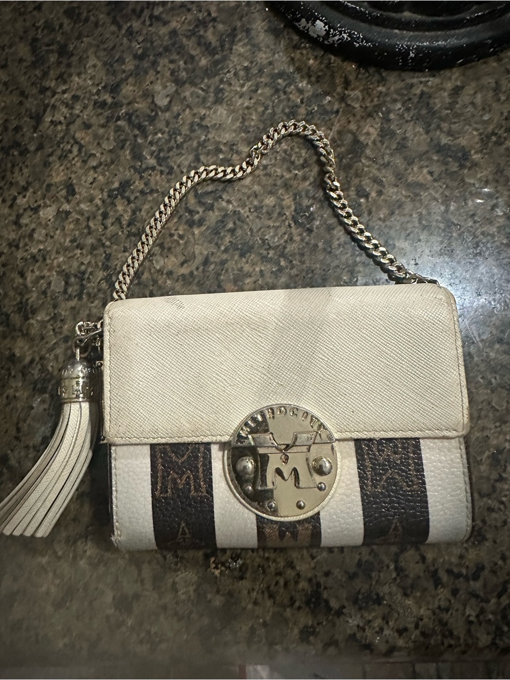 Metro city Cream and Brown Monogram Crossbody Clutch with Tassel